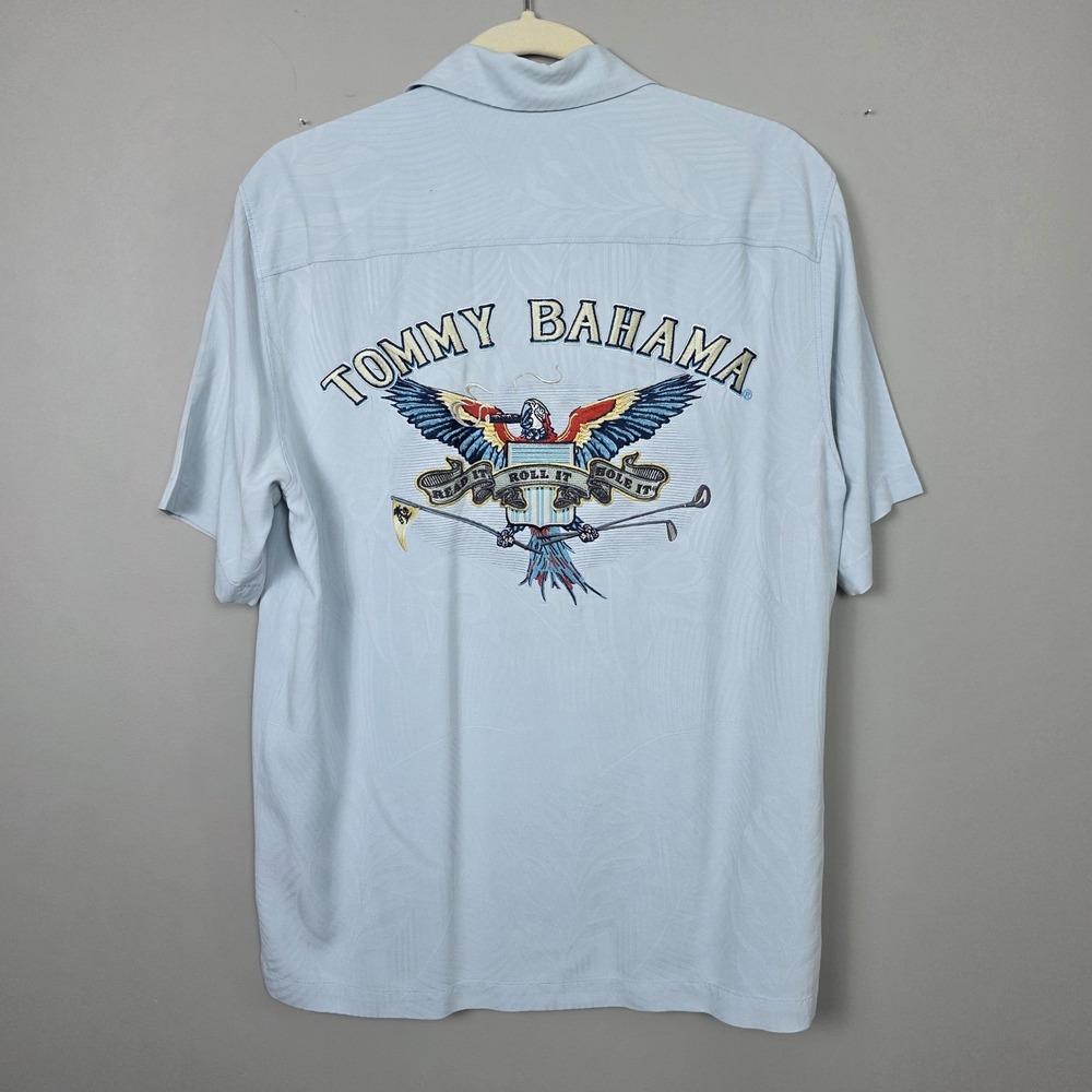 Tommy Bahama Silk Shirt Blue Embroidered Parrot Back Patch Golf Read Roll It S